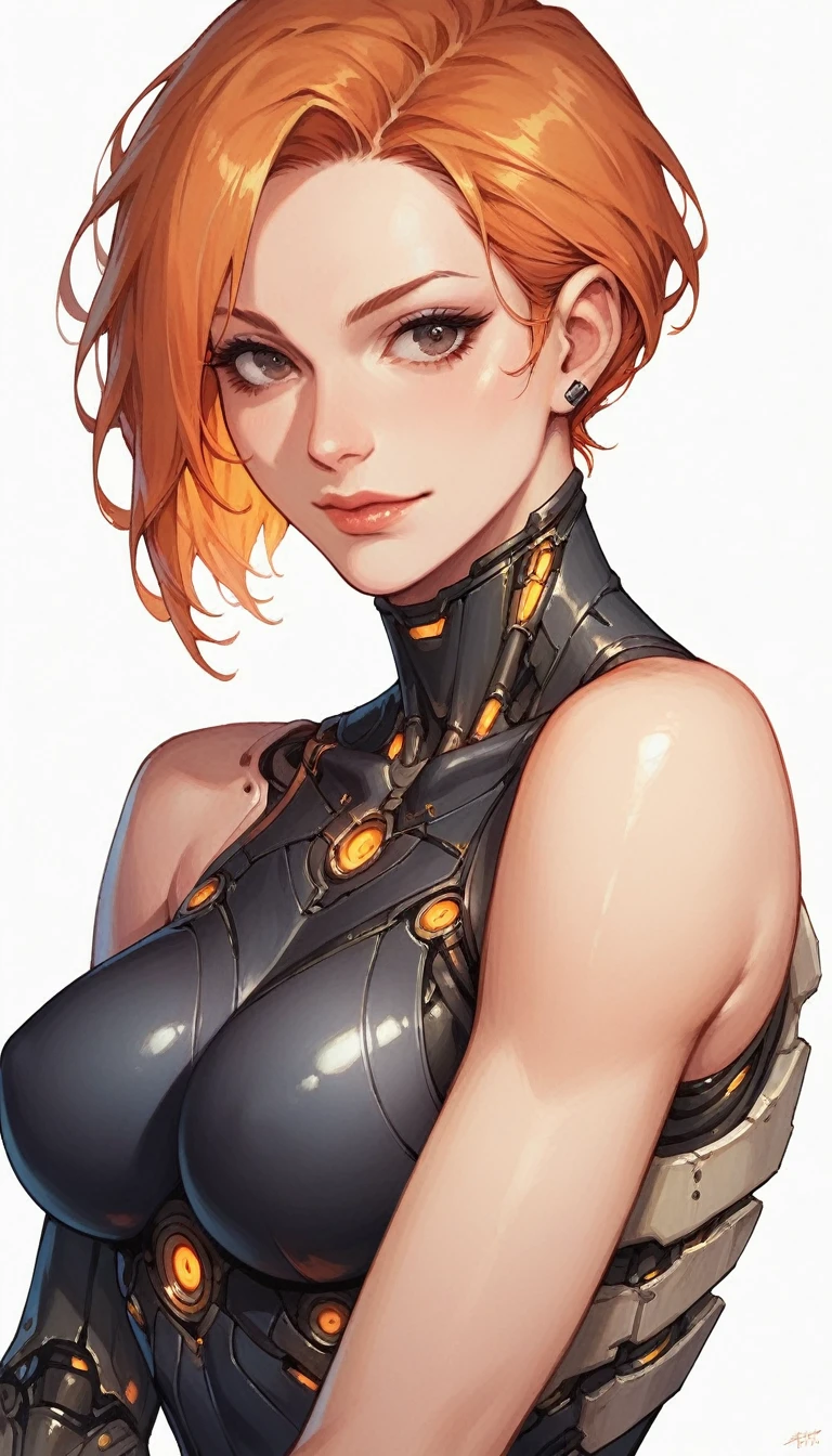 One cyborg anime girl, orange hair, dark eyes, cybernetic body, detailed body,sexy pose, white background