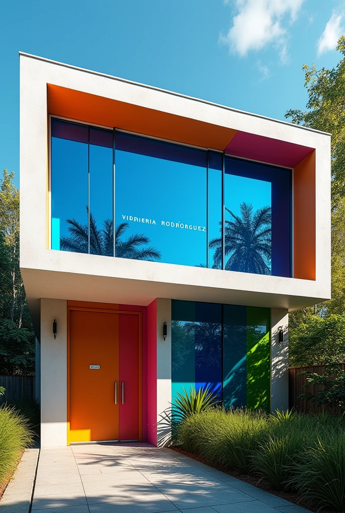 Windows with glass the blue color, desing modern, acustic, house full color, name VIDRIERÍA RODRÍGUEZ into the glasses