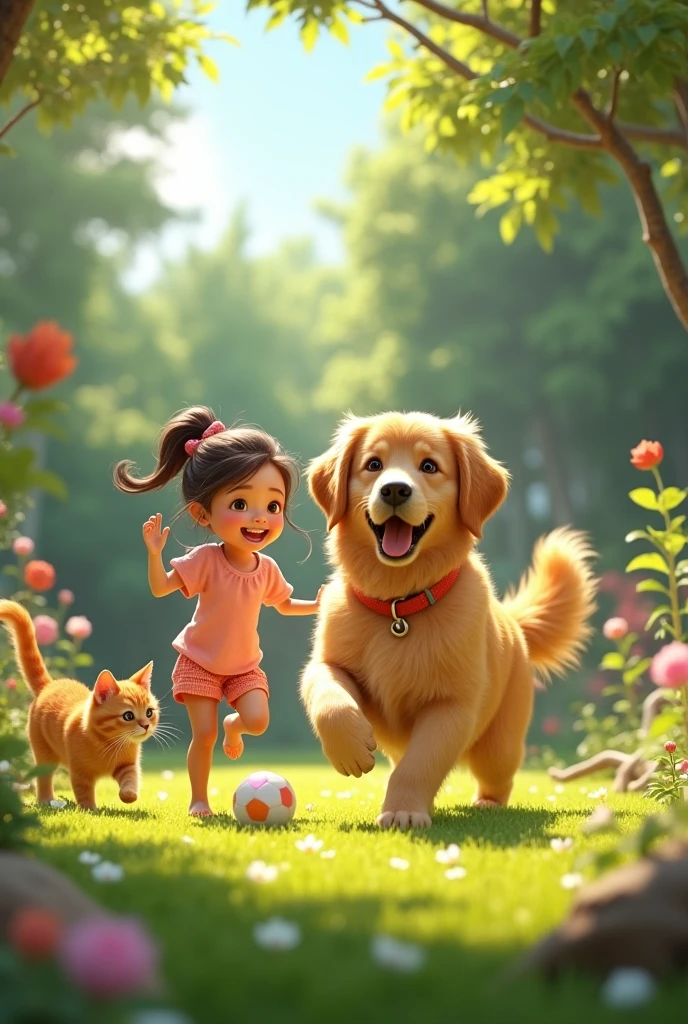 A golden retriever dog playing joyfully with a young girl and an orange male cat in a sunlit backyard garden.""A young girl playing fetch with a golden retriever and an orange male cat in a grassy field, surrounded by trees and flowers.""A light golden-colored dog jumping playfully with a smiling girl and an orange male cat sitting nearby in a beautiful garden."