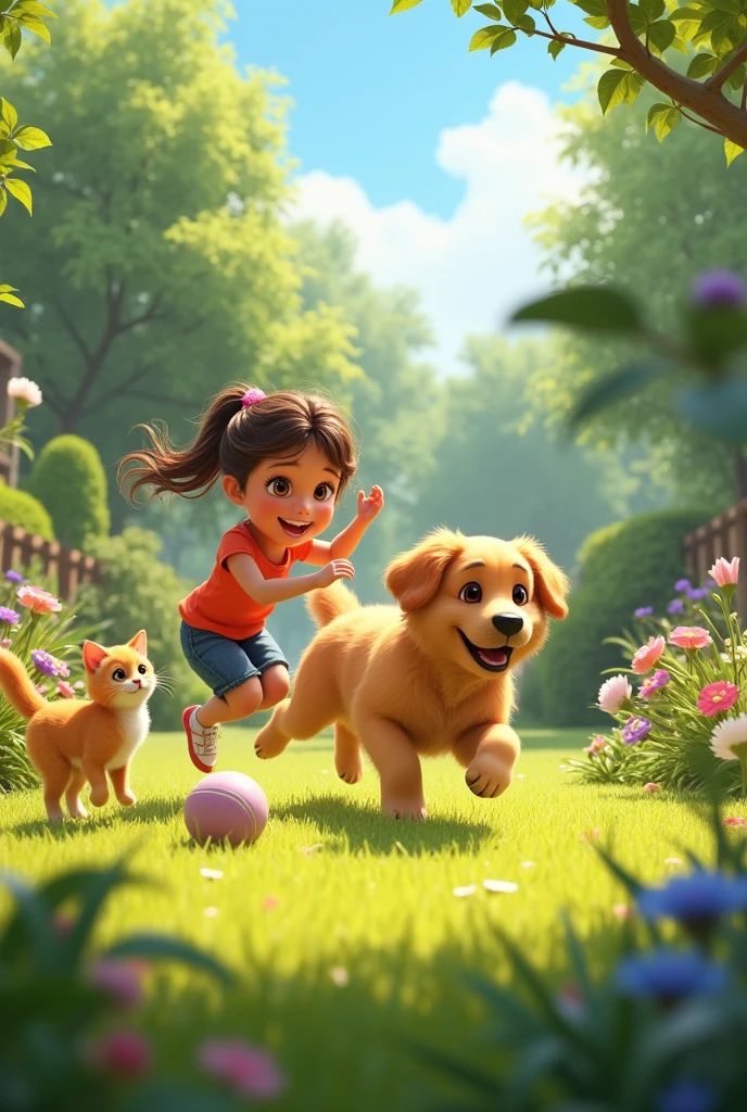 A golden retriever dog playing joyfully with a young girl and an orange male cat in a sunlit backyard garden.""A young girl playing fetch with a golden retriever and an orange male cat in a grassy field, surrounded by trees and flowers.""A light golden-colored dog jumping playfully with a smiling girl and an orange male cat sitting nearby in a beautiful garden."
