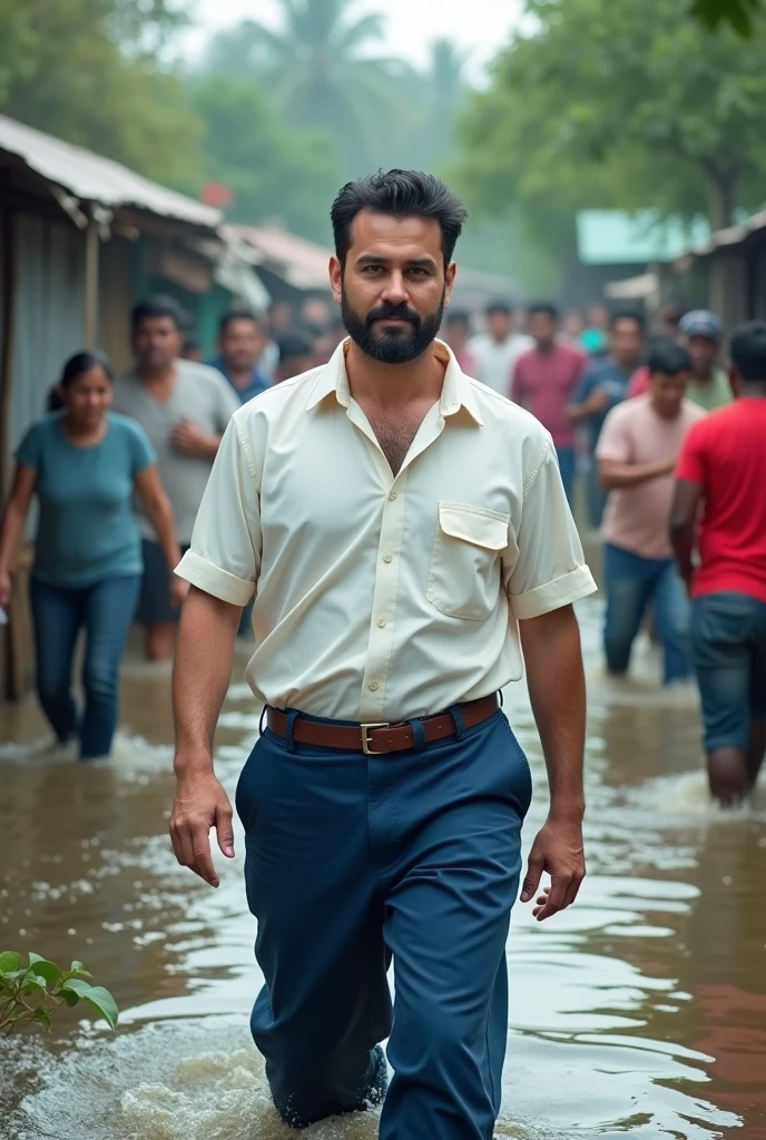 A man with dark hair and beard 30 year old wearing plain white shirt and navy blue pant they helping people in flood no inning the shirt no belt