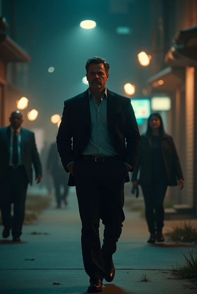 Give me a 1 minute video showing a confident man walking away from a tense situation