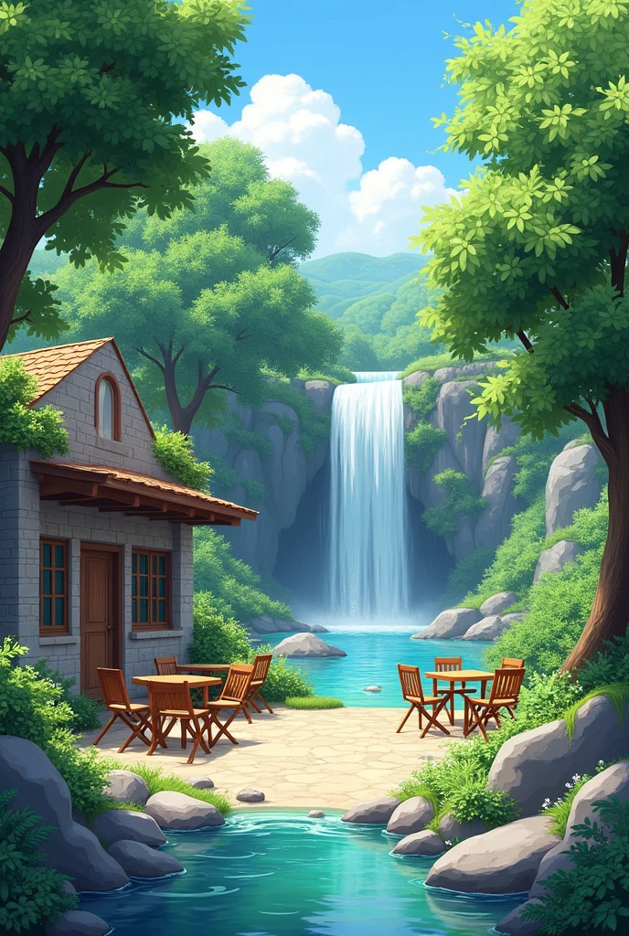 The image shows a beautiful outdoor patio area with a stone building on the left side. The patio is surrounded by trees and greenery, and there is a small waterfall cascading down the right side of the image. The water is crystal clear and there are rocks and boulders scattered around the patio. There are several wooden chairs and tables on the patio, providing a comfortable seating area for outdoor dining. The sky is blue and the overall atmosphere is peaceful and serene.