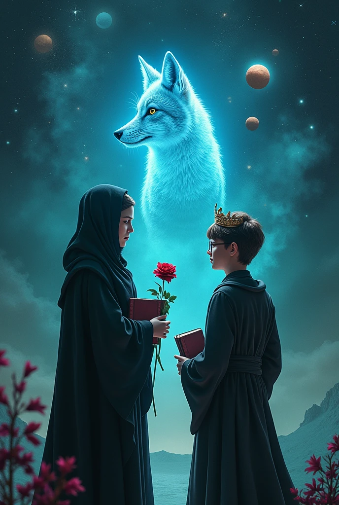 Perselus Pitonnak, the head of Slytherin house must be in the picture, with a red rose in her hand, and Harry Potter's 17-year-old self, in glasses, with a crown on his head. The two characters should stand with their backs to each other. In the background is a blue glowing fox in the middle, similar to protective charms, outer space, the shooting stars, minor planets and both characters should have a book in their hands. THEY ARE ANONYMOUS should appear at the top of the image.