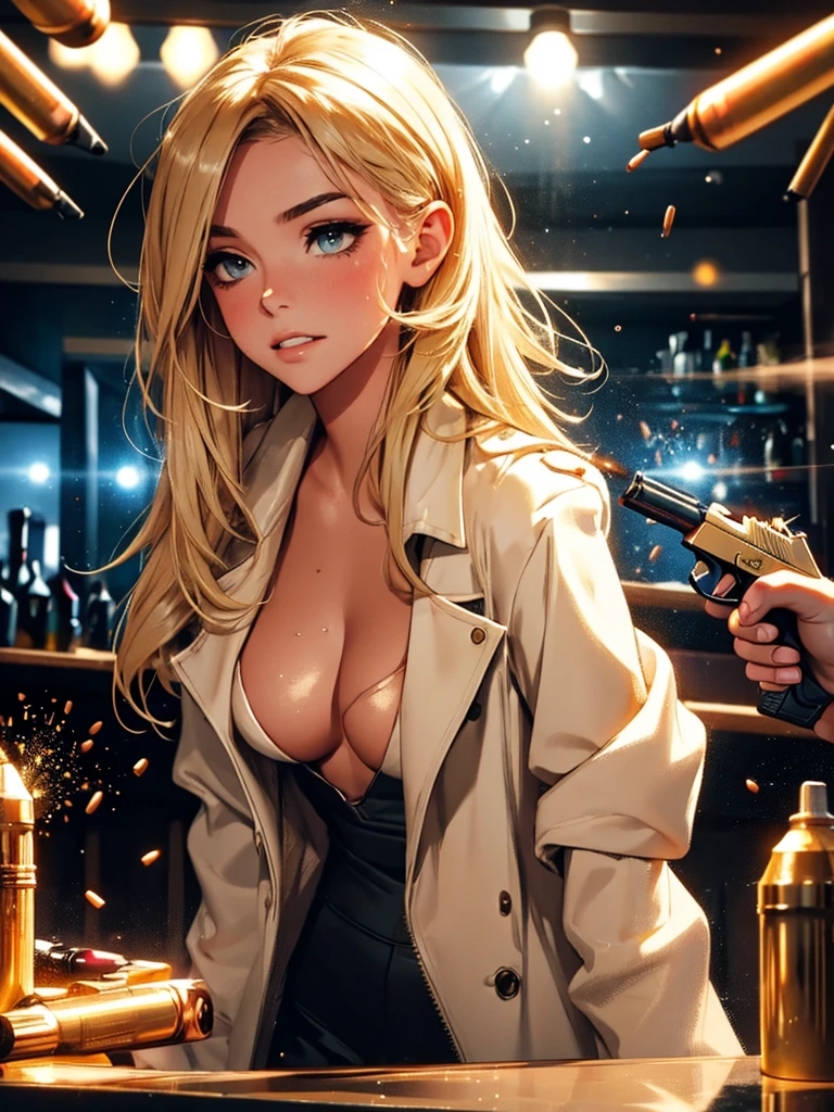 girl at a nightclub sitting at bar, eyeliner (masterpiece) (best quality) (detailed) (8k) (HDR) (wallpaper) (cinematic lighting) (sharp focus) (intricate) blonde hair, biting lip, medium hair, white and gold bodysuit outfit, sexy, blush, aroused, cleavage, shiny , wet skin, girl, dark makeup, (((firing,bullet,gun,light particles))), underboob, gold trench coat, handgun, holding gun, pointing gun