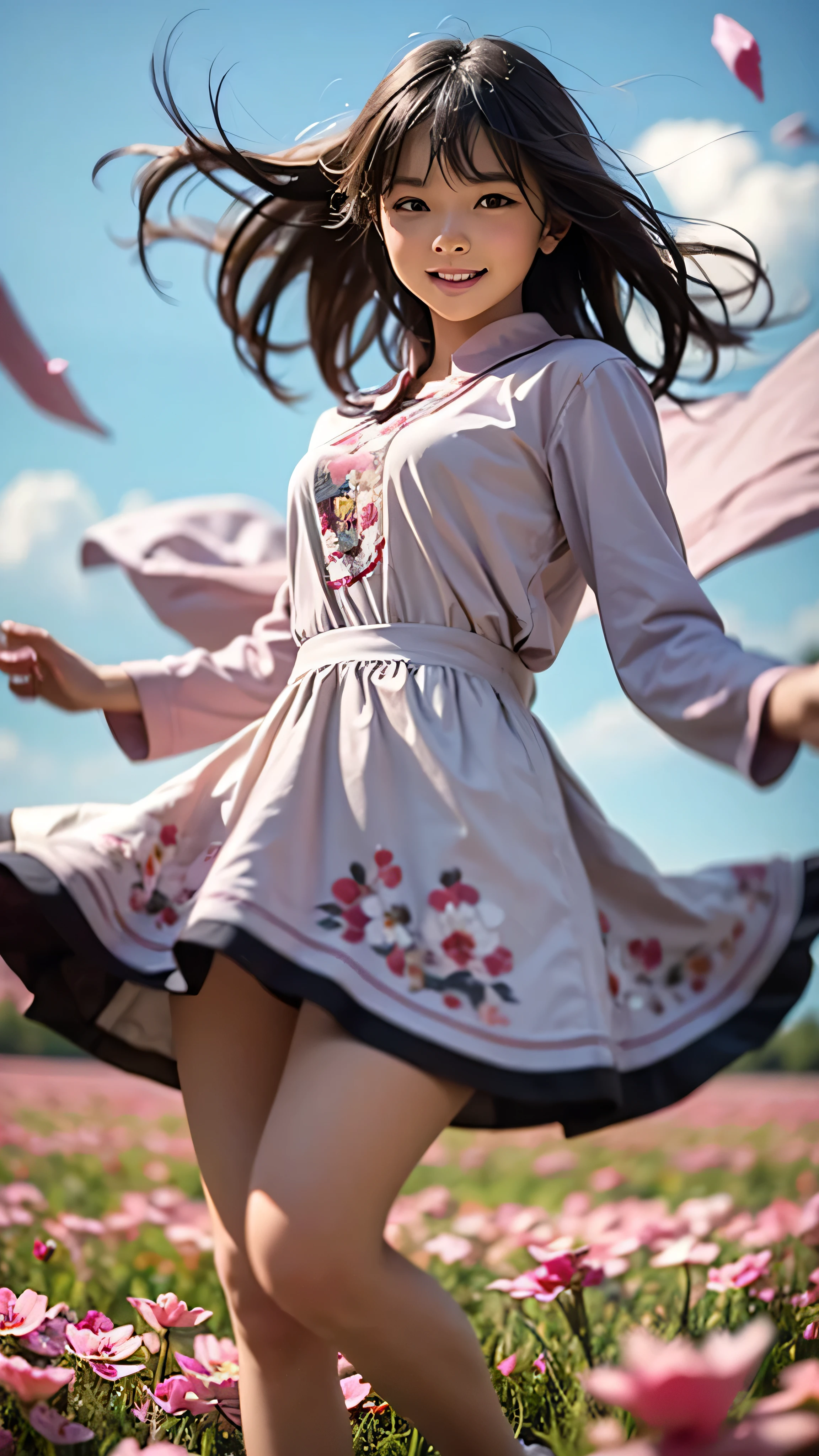 Official Art, wallpaper, Very detailed, (((Very detailed))), Realistic portraits, (high quality, masterpiece, High resolution) , 8K  UHD, high quality, There is a girl, surrounded by colorful flowers, Flower Field, female portrait With flowers, Beautiful young dark-haired girl, 4K, 8k, Background Blur, smile, 10 years old, Angle from below, Dynamic, Wide angle, Aperture value F1.2, Anatomically correct, low angle, Full body photo, short stature , Hair blowing in the wind, The dancing petals shine, horizon, dance, Bouncing, Western, prairie, open field, beautiful sunny day, blue sky, Raise one leg, light from the front