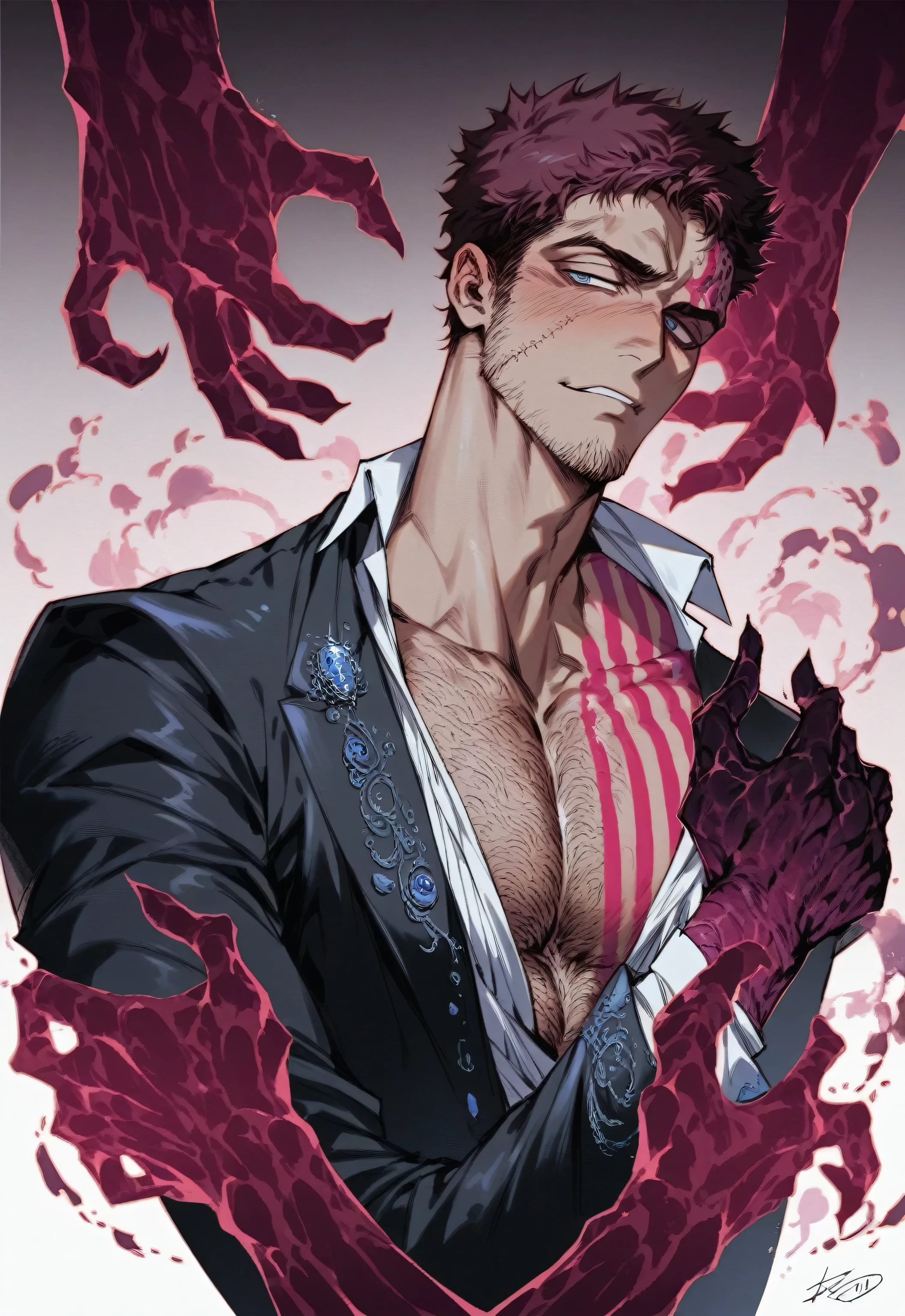 masculine man, muscular, deailed body, gay, detailed, elegant suit, hairy body, veiny hands, katakuri, magenta, seductive look, detailed face, detailed hands, divine aura