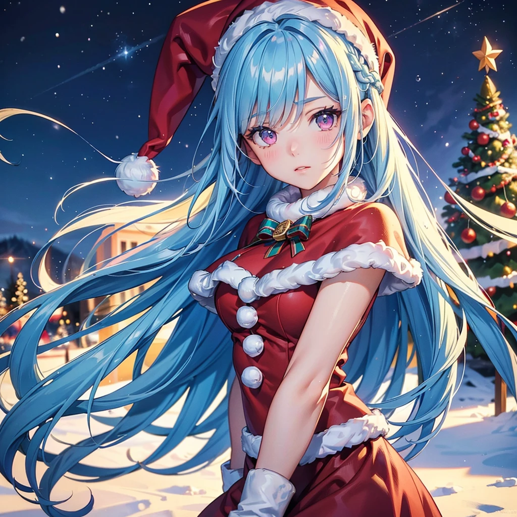 (Sky Blue Hair),(Braided Hair),(Pink Eyes),(Fair Skin),(Full Body),(Alone),(Santa Claus Clothes),(Giant Christmas Tree in the Background),snowman,(Snowy Night),Sparkling Night Sky,(Masterpiece, Top Quality, Very Detailed, Best Shadows),(Detailed Background),(Beautifully Detailed Face),High Contrast,(Best Lighting, Very Delicate and Beautiful),((Cinematic Light)),Hyper Detail,8k,Dramatic Light,Exquisite Detail,