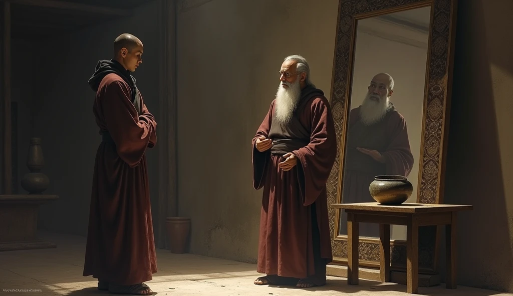 A large mirror hanging inside room, young monk student looking at mirror, his old monk master is standing with him beside a stand of wood and above the stand a pot of mud is placed, old monk is putting his hand into pot of mud,