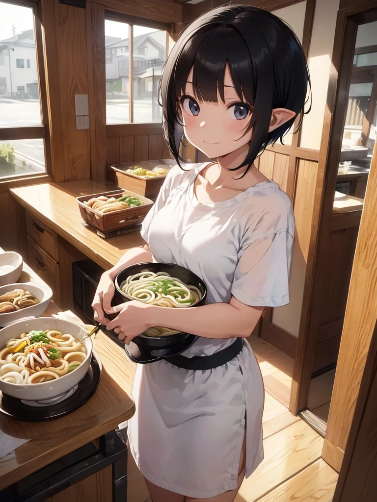High resolution, 8K Ultra HD, ((Ink and painting)), Inside the soba restaurant. An elf carrying a tray of wide udon noodles. There is nothing in the colander except for white udon noodles.. Short black hair elf, (((Very short hairstyle))), A small smile, A lot of TV crews