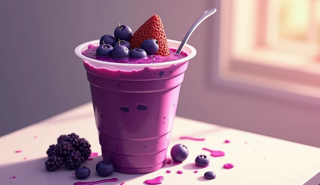 (work of art:1.2, highest quallity,highest quallity,very detailledな:1.2),(very detailled),8k,(best illustrations), tall plastic cup with dark purple acai, nutella no mouse, white end.