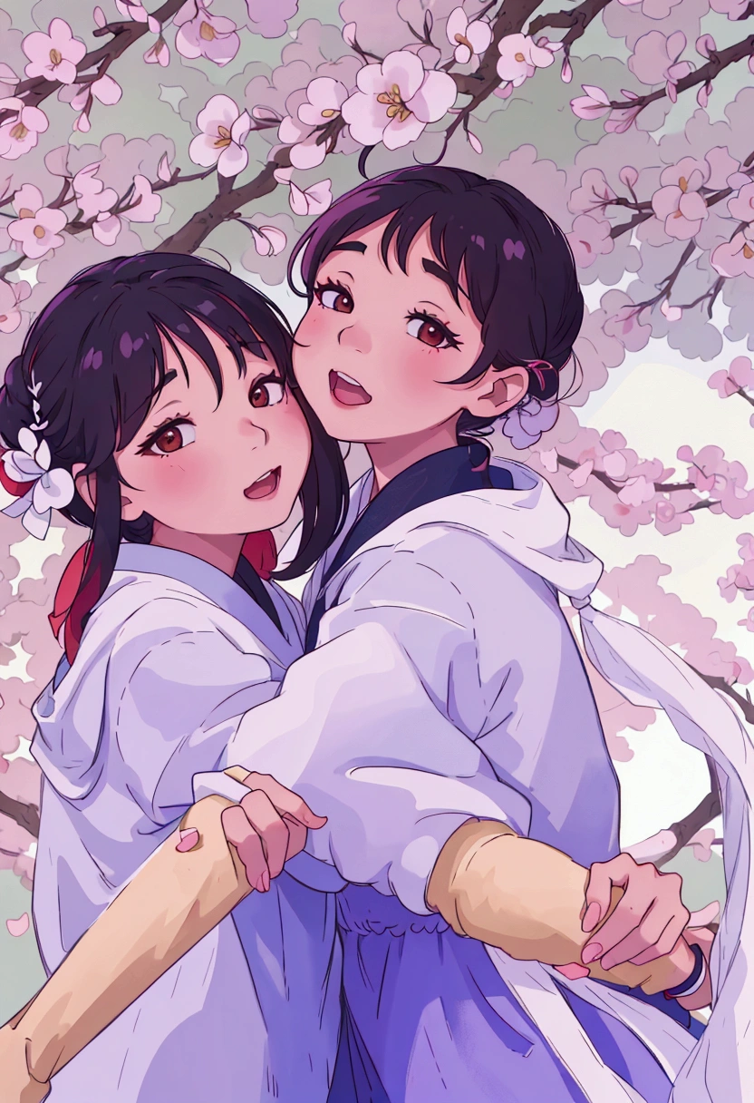 (best quality:0.8) perfect anime illustration, two asian women hugging each other in front of a cherry tree, sakimichan, cute and lovely, lovely and cute, seifuku, nixeu and sakimichan, ruan jia and fenghua zhong, profile pic, zmonzheng, inspired by Ma Yuanyu, cute girls, cutecore, sha xi