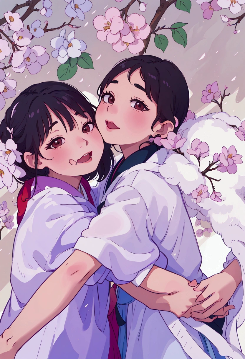 (best quality:0.8) perfect anime illustration, two asian women hugging each other in front of a cherry tree, sakimichan, cute and lovely, lovely and cute, seifuku, nixeu and sakimichan, ruan jia and fenghua zhong, profile pic, zmonzheng, inspired by Ma Yuanyu, cute girls, cutecore, sha xi