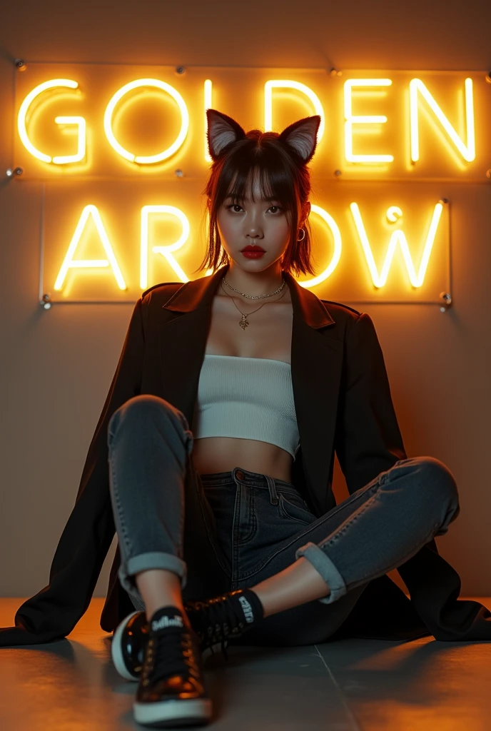 A woman girl chinita girl with wolf cut and like cool woman sits with her legs stretched out, taking a picture with background font is GOLDEN ARROW admin make it clear font