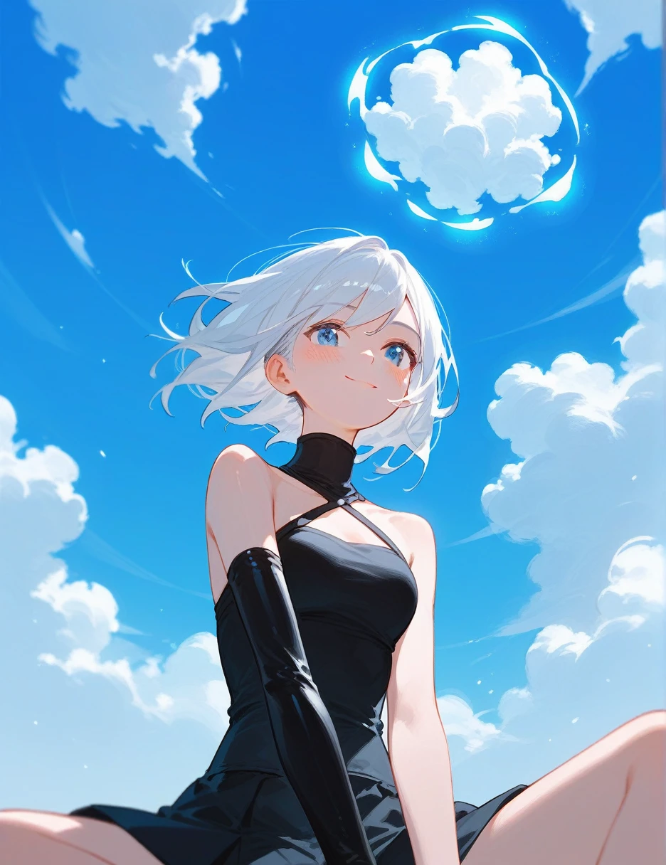 (from below:0.6), score_9_up,score_8_up, white hair, black high neck halter top, blue eyes, 1girl, solo,((blush)), closed mouth, smile, medium breast, pose, ((sitting)), (thin girl:1.2),clouds, long gloves, ((magic)), skirt,
