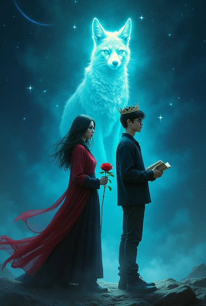 Perselus Pitonnak, the head of Slytherin house must be in the picture, with a red rose in her hand, and Harry Potter's 17-year-old self, in glasses, with a crown on his head. The two characters should stand with their backs to each other. In the background is a blue glowing fox in the middle, similar to protective charms, outer space, the shooting stars, minor planets and both characters should have a book in their hands. THEY ARE ANONYMOUS should appear at the top of the image.