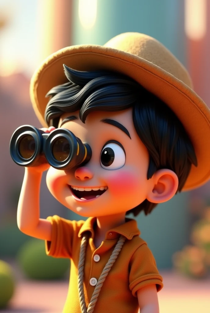 Create a 3D Disney Pixar character of a light-skinned boy with a hat and black hair, body facing crookedly to the left looking through binoculars with a happy smile. only one hand was holding the binoculars