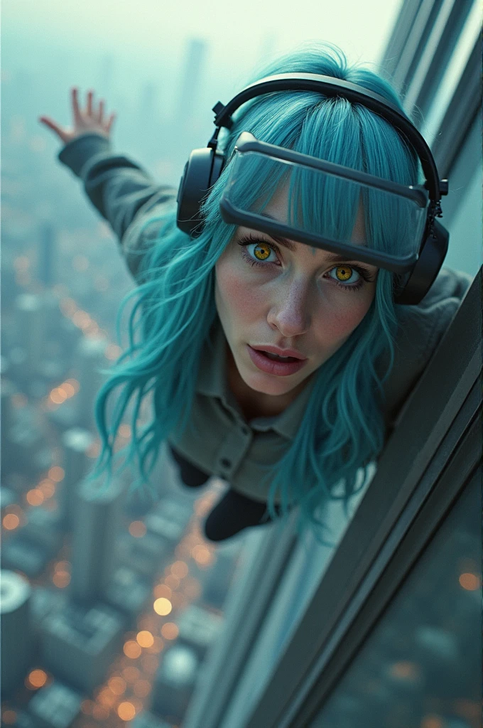 Woman, long light blue hair, yellow eyes, dress up, wear a headset, he is falling from a tall building and looks like he is going to die