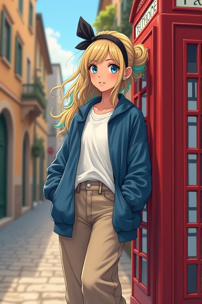 The portrait is of a young girl in a typical Italian setting. The buildings behind her are old and picturesque, and represent the beauty of Italy. The girl has long, wavy blonde hair that is pulled back in a messy, casual hairstyle, with highlights of bright blue streaks throughout. She is wearing a black headband with a cute, coquettish bow on it. She wears a baggy, blue jacket which is worn open, revealing a plain white t-shirt underneath. Her pants are oversized beige jeans, and she wears white sneakers on her feet. She stands next to a red, old, typical telephone booth and leans on it with her whole body. 