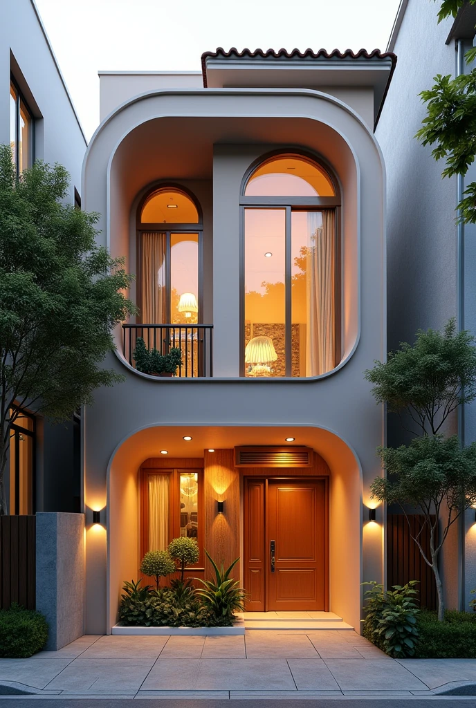 (Townhouse in city ,close houses and trees), daylight ( best quality) ((high solution)) ,(( photo realistic)) ,warm light, (sharp focont view of townhouse in style of modern,small house, Narrow area,VietNam,facade, curved arch,beautiful facade,curved windown,narrow and long ,two-storey,mutual colours, soft lighting, warm atmosphere,high Resolution, hyper detailed,4k ,vray render, octane render, hyper realistic, photography expert ,exterior design , professional photography, exterior photography,wide-angle shot , ultra detail , high Resolution , full frame, full body