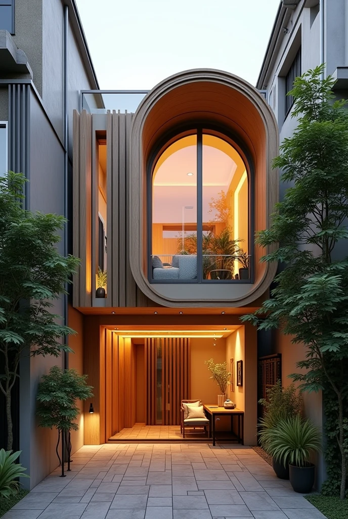(Townhouse in city ,close houses and trees), daylight ( best quality) ((high solution)) ,(( photo realistic)) ,warm light, (sharp focont view of townhouse in style of modern,small house, Narrow area,VietNam,facade, curved arch,beautiful facade,curved windown,narrow and long ,two-storey,mutual colours, soft lighting, warm atmosphere,high Resolution, hyper detailed,4k ,vray render, octane render, hyper realistic, photography expert ,exterior design , professional photography, exterior photography,wide-angle shot , ultra detail , high Resolution , full frame, full body