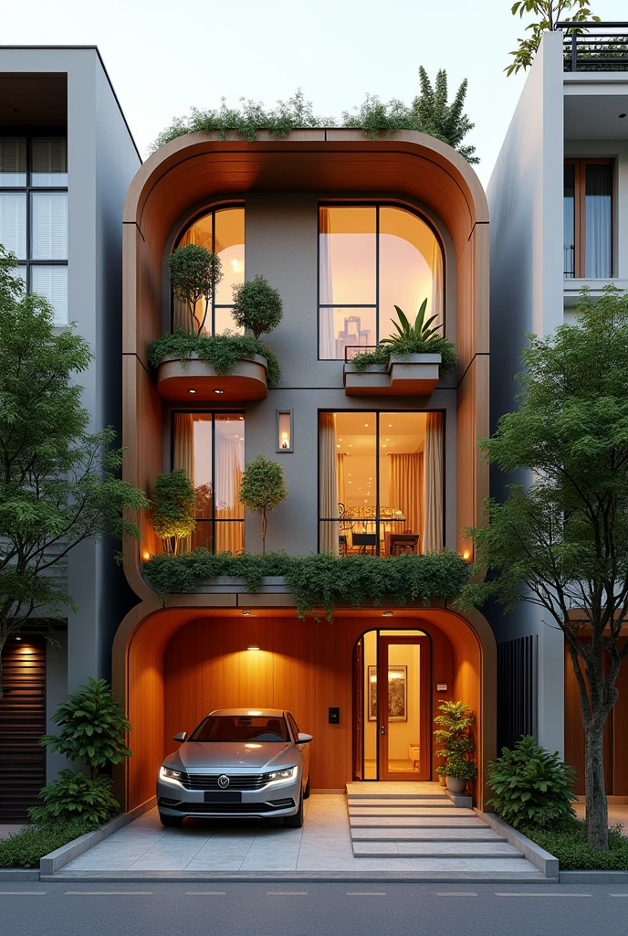 (Townhouse in city ,close houses and trees), daylight ( best quality) ((high solution)) ,(( photo realistic)) ,warm light, (sharp focont view of townhouse in style of modern,small house, Narrow area,VietNam,facade, curved arch,beautiful facade,curved windown,narrow and long ,two-storey,mutual colours, soft lighting, warm atmosphere,high Resolution, hyper detailed,4k ,vray render, octane render, hyper realistic, photography expert ,exterior design , professional photography, exterior photography,wide-angle shot , ultra detail , high Resolution , full frame, full body
