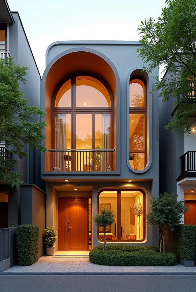 (Townhouse in city ,close houses and trees), daylight ( best quality) ((high solution)) ,(( photo realistic)) ,warm light, (sharp focont view of townhouse in style of modern,small house, Narrow area,VietNam,facade, curved arch,beautiful facade,curved windown,narrow and long ,two-storey,mutual colours, soft lighting, warm atmosphere,high Resolution, hyper detailed,4k ,vray render, octane render, hyper realistic, photography expert ,exterior design , professional photography, exterior photography,wide-angle shot , ultra detail , high Resolution , full frame, full body