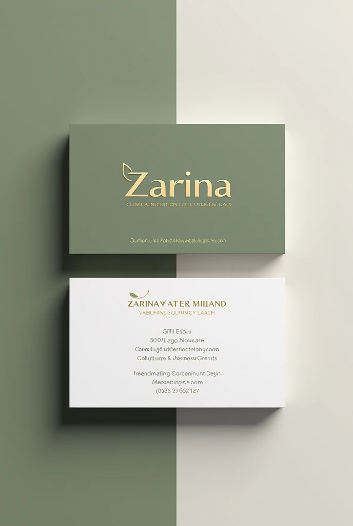 Option 1: Olive background • Front side:
	• Logo: Place at the top of the business card.
	• Instagram nickname: @khassanova_nutrition - gold text at the bottom of the business card для хорошего контраста.
	• Reverse side:
	• Left side:
	• Name: Zarina • Position: Clinical Nutritionist, Health Coach
	•	Телефон: 0559486116 • Text: Gold color for text.
	• Right side:
	• Quote: “I’m not just flying, I am restoring. Health is a gift, which must be managed with care.” — gold text color.

Option 2: White background • Front side:
	• Logo: Place at the top of the business card.
	• Instagram nickname: @khassanova_nutrition - gold text at the bottom of the business card.
	• Reverse side:
	• Left side:
	• Name: Zarina • Position: Clinical Nutritionist, Health Coach
	•	Телефон: 0559486116 • Text: Gold color for text.
	• Right side:
	• Quote: “I’m not just flying, I am restoring. Health is a gift, which must be managed with care.” — gold text color.
