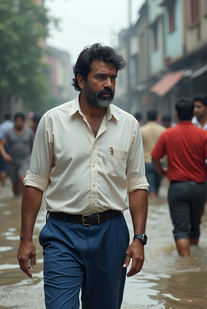 A man with dark hair and beard 30 year old politician wearing plain full handed white shirt not tucked with pant and thick blue pant they helping people in flood