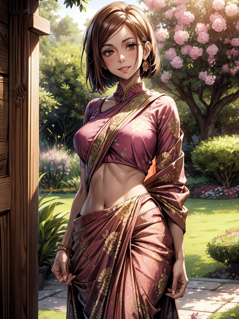 masterpiece, absurdres, nobara k, 1girl, solo, smiling, mature female, wearing indian saree, saree, looking at viewelling petals), perfect composition, detailed lips, big breast, beautiful face, body proportion, blush, (pink lips), brown hair, opened hair, soft gaze, super realistic, detailed, photoshoot, realistic face and body, full body picture, 16k, at a flower garden