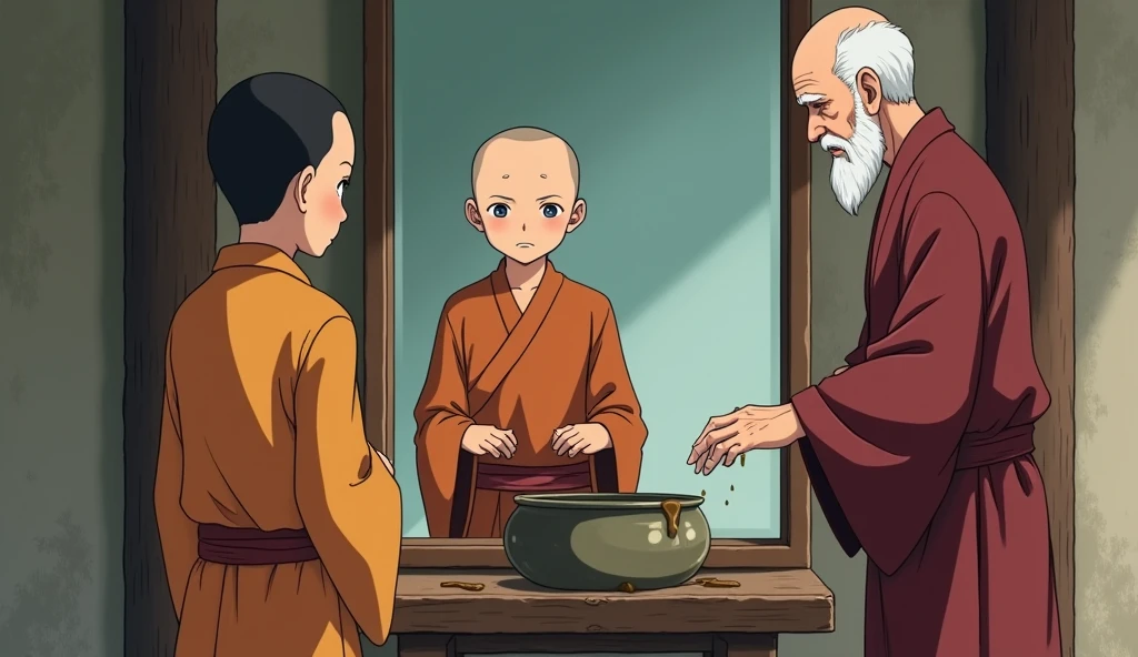 A large mirror hanging inside room, young monk student looking at mirror, his old monk master is standing with him beside a stand of wood and above the stand a pot of mud is placed, old monk is putting his hand into pot of mud, in anime style