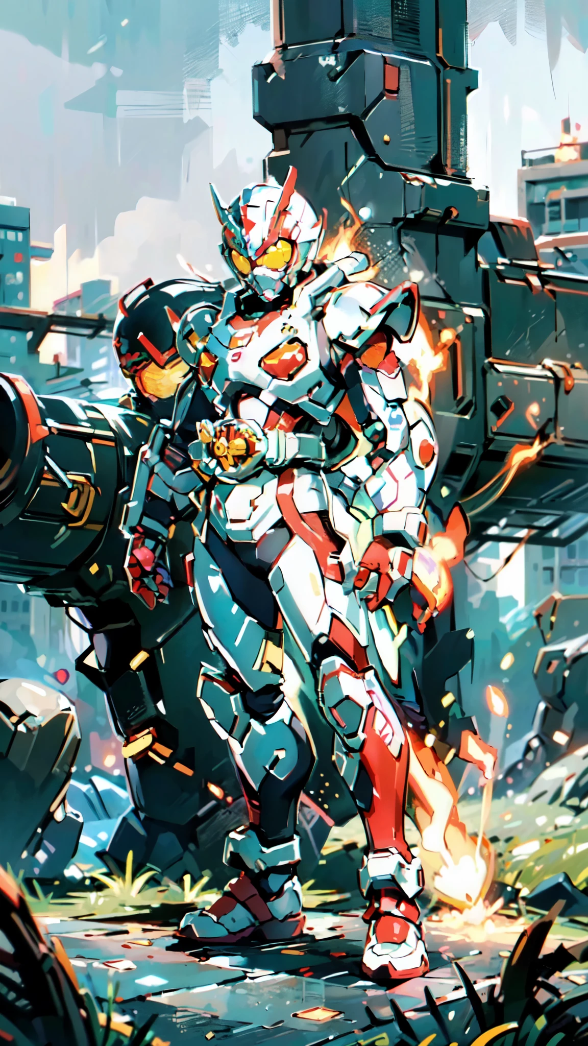 (masterpiece:1.5, best quality:1.5, extremely delicate:1.5), a man wearing a full-face helmet, a fantasy-style biotech armored combat suit, green eyes, (a composite layered chest armor), fully enclosed shoulder guards, matching arm and leg guards, belt of Neon circuit, (the color scheme is primarily black with green and red accents), the design balances heavy with agility, a high-tech bio-mecha armor, (Armor Concept Inspired by Kamen Rider, stand on the top of a skyscraper in a futuristic sci-fi city), this character embodies a finely crafted fantasy-surreal style armored hero in anime style, exquisite and mature manga art style, (element, plasma, energy, the armor glows), ((male:1.5)), metallic, high definition, highres, ultra-detailed, ultra-fine painting, professional, perfect body proportions, golden ratio, anatomically correct, symmetrical face, extremely detailed eyes and face, high quality eyes, creativity, RAW photo, UHD, 32k, Natural light, cinematic lighting, masterpiece-anatomy-perfect