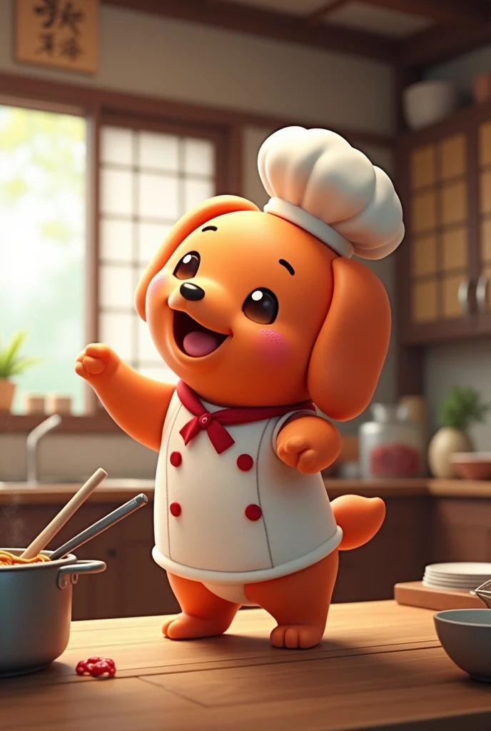 fluffy cute mini long sausage mascot, wearing chef costume, osamu tezuka style, happy, funny, crazy, laughing, cooking ramen in japanese kitchen, dancing, pixar render, kids friendly