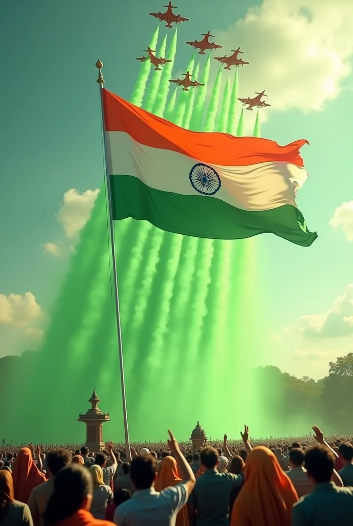 The whole world is covered with the tricolor, 5 aircraft are raining green color in the sky, Indian people are saluting a big tricolor flag,