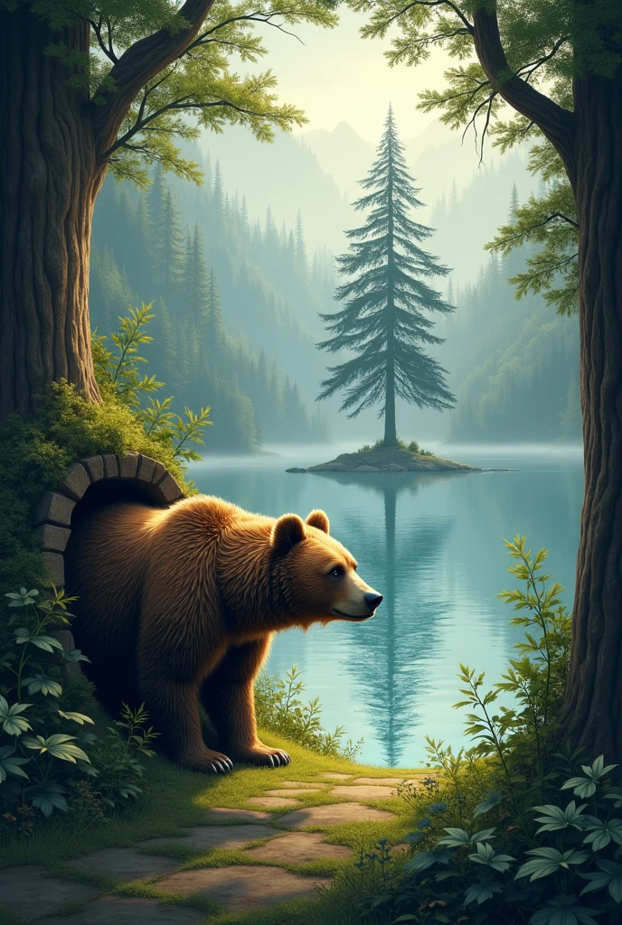 In the middle of a forest slope, a bear looks out from its den and in the distance stands a lake and a large tree next to it.