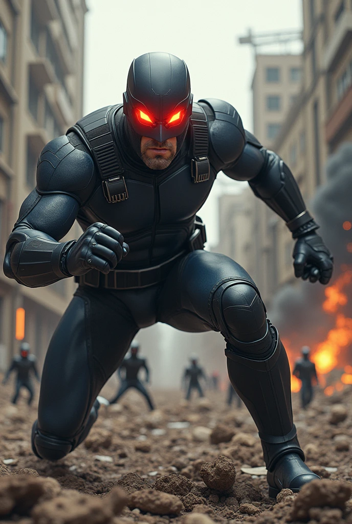 Generate an image of Cyclops from X-Men in a modern, tactical suit. His uniform should be dark blue with black accents, featuring a high-tech red visor with glowing energy lines. He should be in a dynamic pose, crouching and firing his optic blast towards a group of attacking robots. The background should be a destroyed urban environment, with buildings crumbling and smoke in the air. Cyclops should have a rugged look, with a strong jawline and an intense expression.