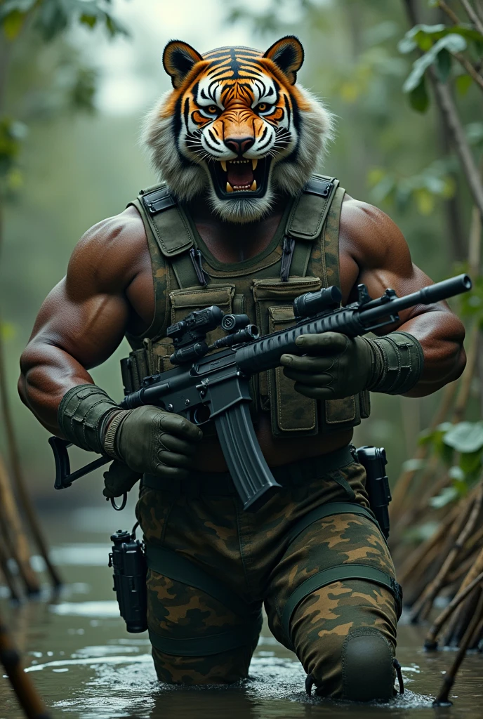 (a dark-skinned fat muscular sikh old man in camouflage diver suit) carrying a gun in right hand, (wearing realistic roaring tiger mask), dynamic action pose, fierce expression, showcasing an imposing stature, surrounded by military elements, dramatic shadows and intense highlights, cinematic color tones, high detail, powerful, art influenced by Bruce Onobrakpeya and Stanley Artgerm, ultra-detailed, best quality image, action-packed atmosphere. fighting stance. patrolling in a swamp