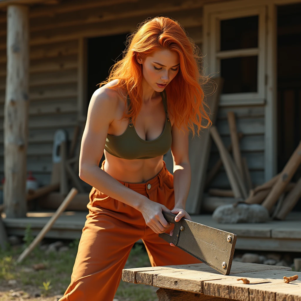 best quality,(RAW photo:1.2),(masterpiece:1.4),(photorealistic:1.4),(highres:1.4), 1woman, depth of field, intricately detailed,8k, extremely detailed, perfect lighting, epic background. Ginger hair, crop top and large pants, sawing wood with a handsaw, near a wood house