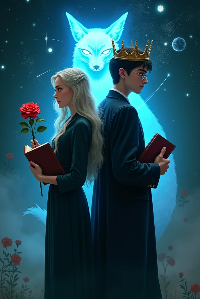 Perselus Pitonnak, the head of Slytherin house must be in the picture, with a red rose in her hand, and Harry Potter's -yeld se in glasses, with a crown on his head. The two characters should stand with their backs to each other. In the background is a blue glowing fox in the middle, similar to protective charms, outer space, the shooting stars, minor planets and both characters should have a book in their hands.