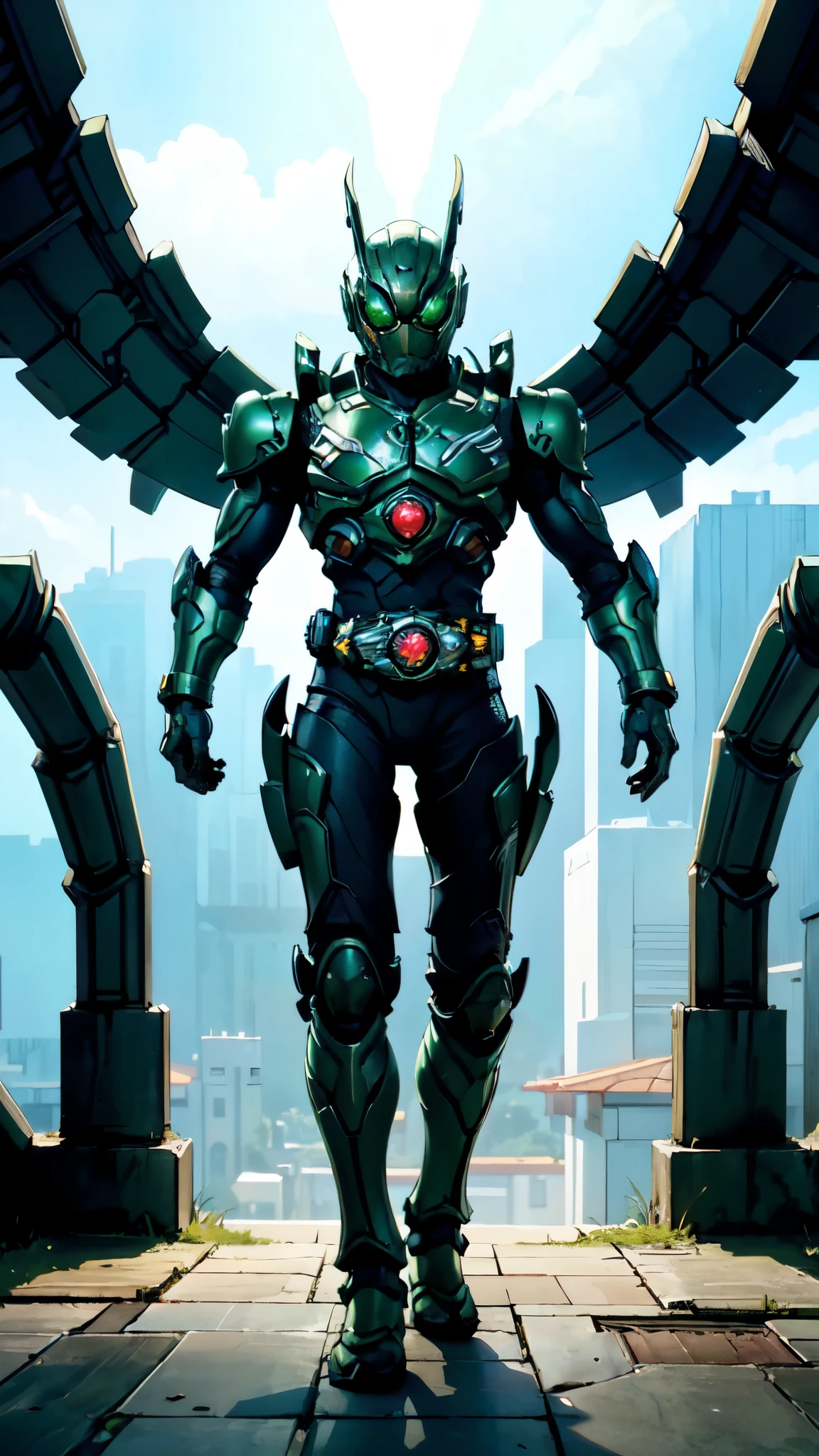 (masterpiece:1.5, best quality:1.5, extremely delicate:1.5), a man wearing a full-face helmet, a fantasy-style biotech armored combat suit, green eyes, (a composite layered chest armor), fully enclosed shoulder guards, matching arm and leg guards, belt of Neon circuit, (the color scheme is primarily black with green and red accents), the design balances heavy with agility, a high-tech bio-mecha armor, (Armor Concept Inspired by Kamen Rider, stand on the top of a skyscraper in a futuristic sci-fi city), this character embodies a finely crafted fantasy-surreal style armored hero in anime style, exquisite and mature manga art style, (element, plasma, energy, the armor glows), ((male:1.5)), metallic, high definition, highres, ultra-detailed, ultra-fine painting, professional, perfect body proportions, golden ratio, anatomically correct, symmetrical face, extremely detailed eyes and face, high quality eyes, creativity, RAW photo, UHD, 32k, Natural light, cinematic lighting, masterpiece-anatomy-perfect