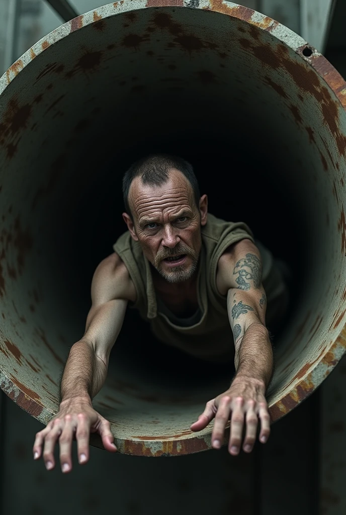 .a man trapped in a funnel, hand reaching down, cinematic dramatic lighting, highly detailed, photorealistic, 4k, hyperrealistic, dramatic shadows, chiaroscuro lighting, moody atmosphere, expressive face, intense emotion, tattered clothing, dystopian setting, rusted metal, industrial grime, depth of field blur, dramatic camera angle