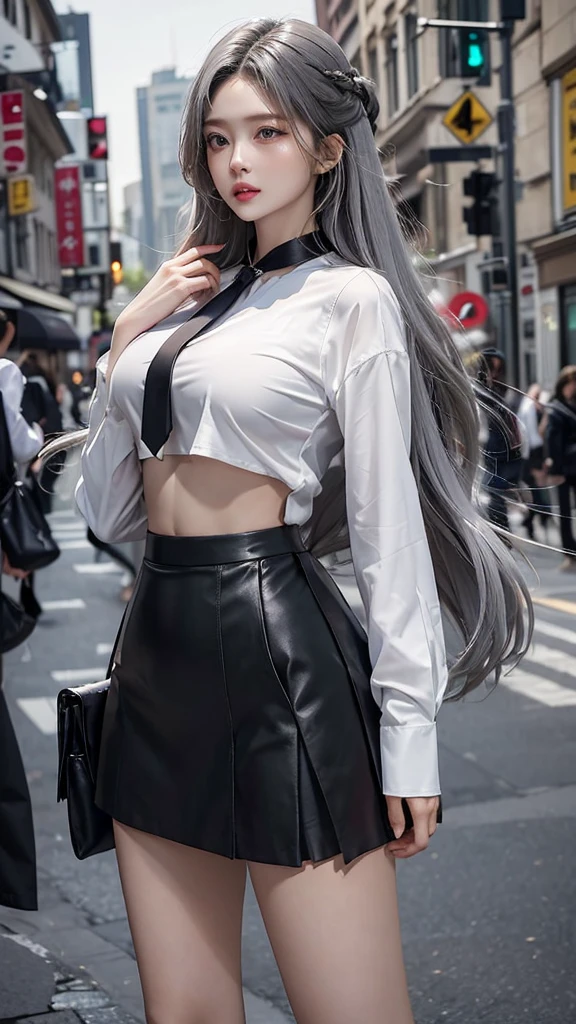 realistic, high resolution, 1 woman, butt up, beautiful eyes, gray hair, long hair, round eyes, collar shirt, belly button visible, black tie, black skirt, Rooftop of a downtown building, Short skirts that show panties, dressed like a student