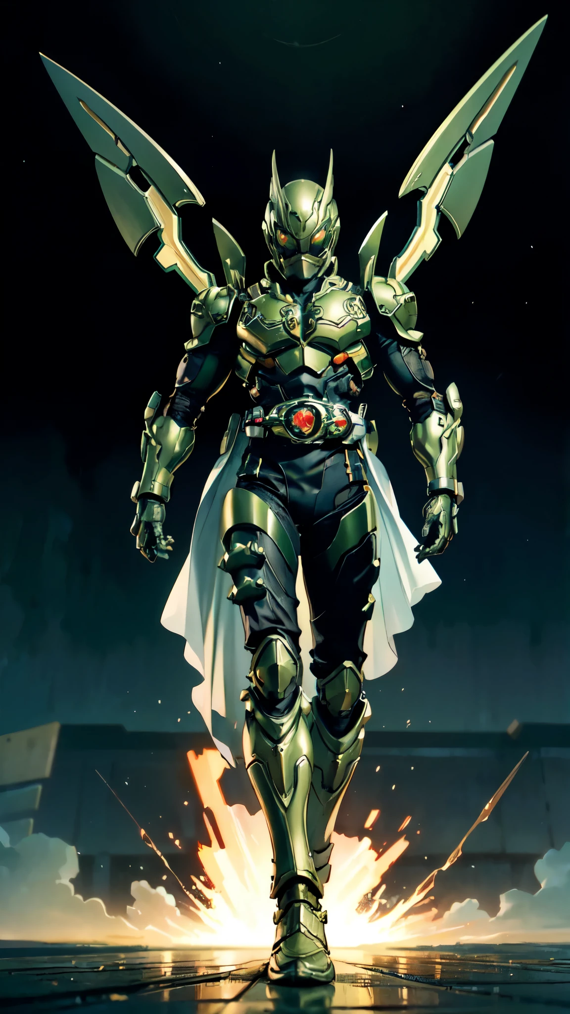 (masterpiece:1.5, best quality:1.5, extremely delicate:1.5), a man wearing a full-face helmet, a fantasy-style biotech armored combat suit, green eyes, (a composite layered chest armor), fully enclosed shoulder guards, matching arm and leg guards, belt of Neon circuit, (the color scheme is primarily black with green and red accents), the design balances heavy with agility, a high-tech bio-mecha armor, (Armor Concept Inspired by Kamen Rider, stand on the top of a skyscraper in a futuristic sci-fi city), this character embodies a finely crafted fantasy-surreal style armored hero in anime style, exquisite and mature manga art style, (element, plasma, energy, the armor glows), ((male:1.5)), metallic, high definition, highres, ultra-detailed, ultra-fine painting, professional, perfect body proportions, golden ratio, anatomically correct, symmetrical face, extremely detailed eyes and face, high quality eyes, creativity, RAW photo, UHD, 32k, Natural light, cinematic lighting, masterpiece-anatomy-perfect