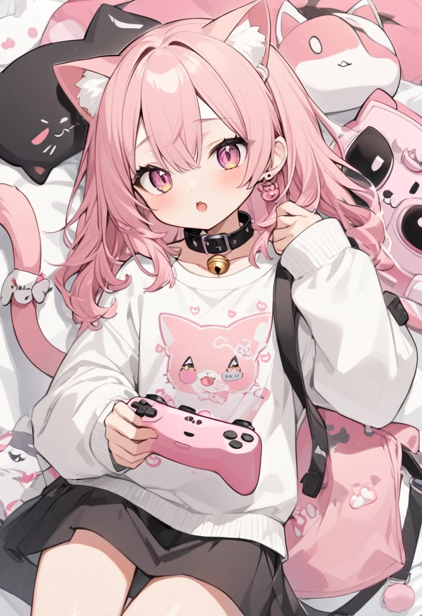 Pink Hair，Cat ear，Cat tail，Wearing white sweatshirt，Wearing a cat claw collar around the neck，A black and white cat lies on the right shoulder，Holding the game controller in front of the chest，，Bell earring on left ear，There is a pink cat head graffiti with some English embellishments and a little cat paw graffiti on the left chest of the sweatshirt，The mouth opened slightly，cute，Second Dimension