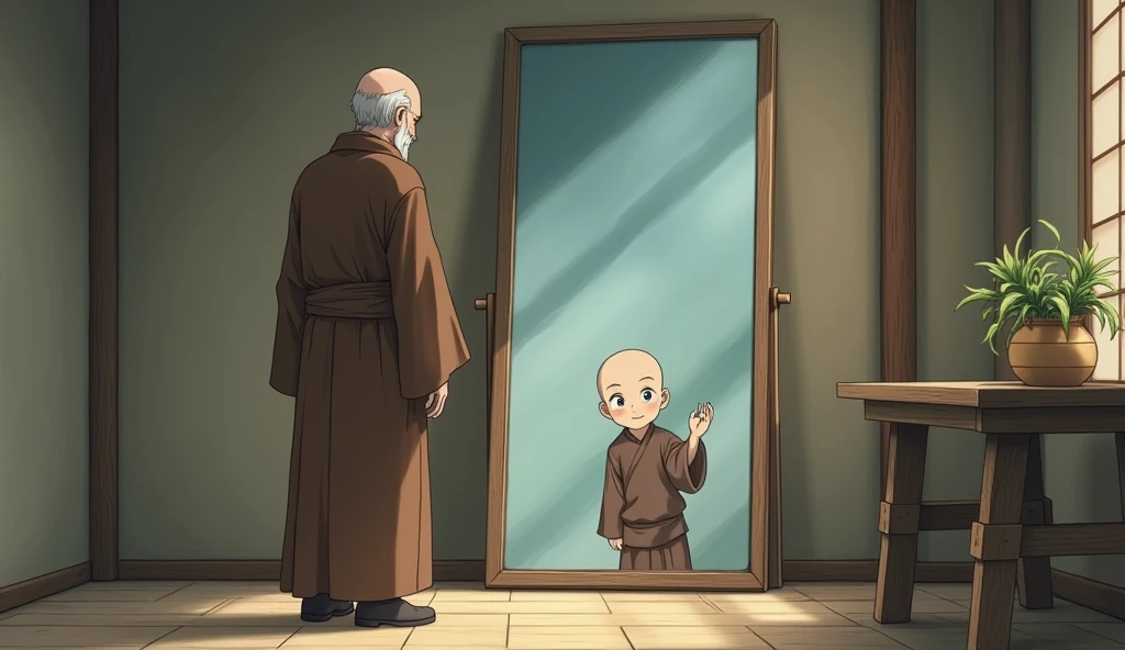 A large mirror hanging inside room, young monk student looking at mirror, his old monk master is standing with him beside a stand of wood and above the stand a pot of mud is placed, old monk is putting his hand into pot of mud, in anime style, high quality 