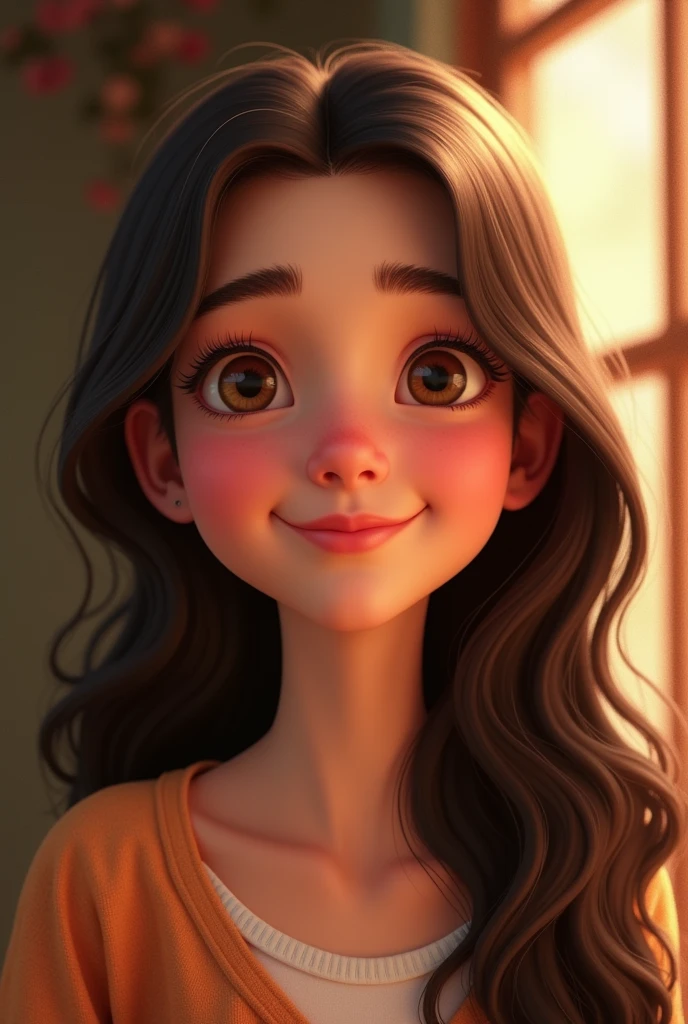 An 18 year old brunette, with long dark brown hair, round face, lovely smile, and brown eyes disney pixar
