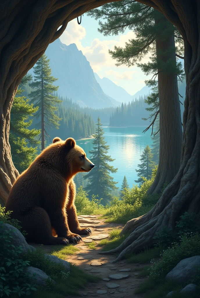 In the middle of a forest slope, a bear looks out from its den and in the distance stands a lake and a large tree next to it.