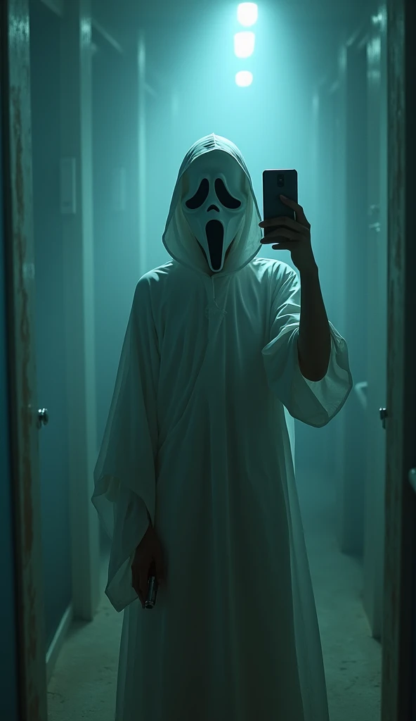young, costume, scream mask, vape, in it, cool, selfie, White tunica