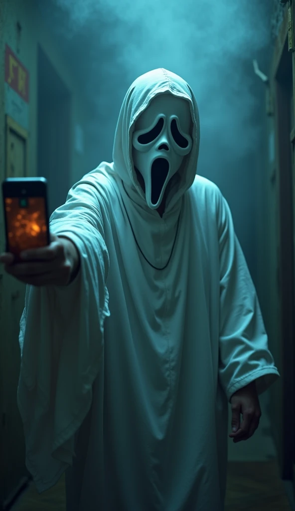 young, costume, scream mask, vape, in it, cool, selfie, White tunica