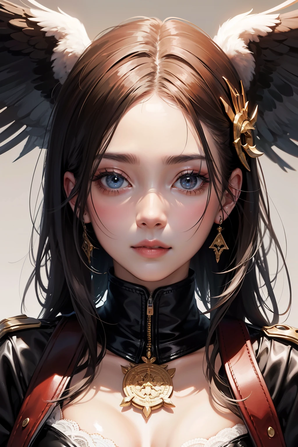 s the perfect face，mid - length hair、to the shoulder、Biaig eyes、with a round face、Slightly curling eagle  emblem Great Wall